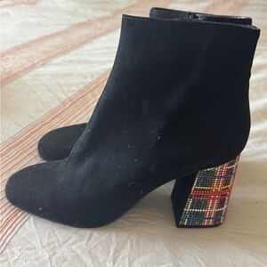 Betsey Johnson Black Boots with Colorful Plaid Heel